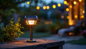 A photograph of a small solar lamp illuminating a cozy outdoor setting at dusk