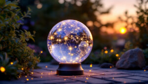 A photograph of capture a photograph of a beautifully illuminated solar globe installed in a garden or outdoor space during twilight