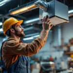 A photograph of a well-lit workshop environment showcasing an exhaust fan in action