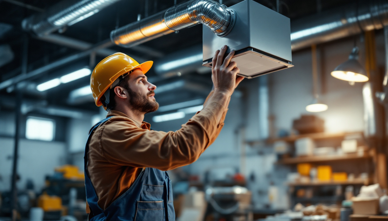 A photograph of a well-lit workshop environment showcasing an exhaust fan in action