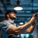 A photograph of a lighting contractor in action