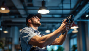 A photograph of a lighting contractor in action