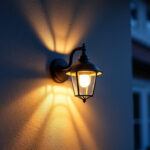 A photograph of a beautifully illuminated exterior wall mounted light fixture installed on a home