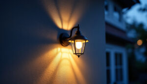 A photograph of a beautifully illuminated exterior wall mounted light fixture installed on a home