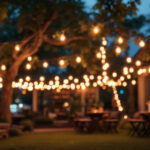 A photograph of capture a photograph of a well-lit outdoor space adorned with temporary light strings