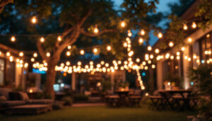 A photograph of capture a photograph of a well-lit outdoor space adorned with temporary light strings