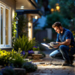 A photograph of a lighting contractor expertly installing an outdoor light box in a beautifully landscaped setting