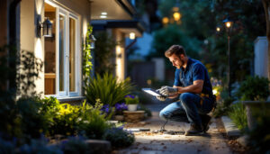 A photograph of a lighting contractor expertly installing an outdoor light box in a beautifully landscaped setting