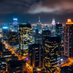 A photograph of capture a photograph of a beautifully illuminated urban skyline featuring intricate lighting designs