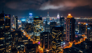 A photograph of capture a photograph of a beautifully illuminated urban skyline featuring intricate lighting designs