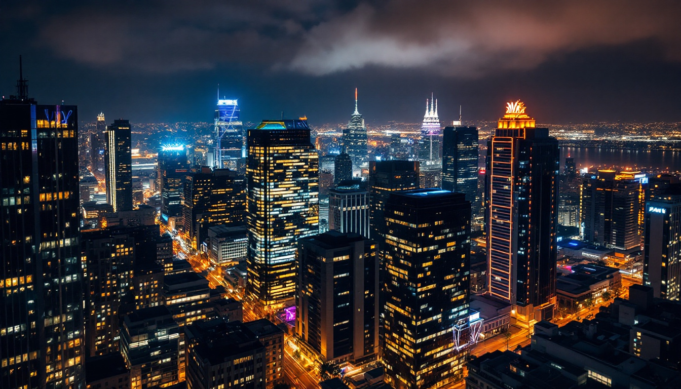 A photograph of capture a photograph of a beautifully illuminated urban skyline featuring intricate lighting designs