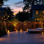 A photograph of a beautifully illuminated outdoor space at dusk