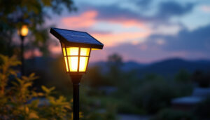 A photograph of a beautifully illuminated solar panel lamp in an outdoor setting during twilight