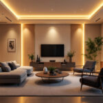 A photograph of a well-lit modern living space featuring various types of recessed led lighting installations