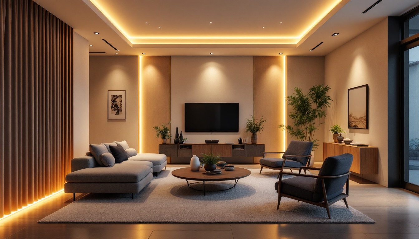 A photograph of a well-lit modern living space featuring various types of recessed led lighting installations