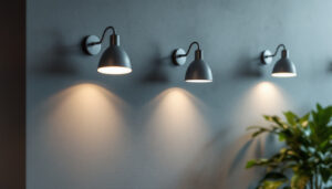 A photograph of a well-lit interior space showcasing three stylish can lights installed in a modern setting