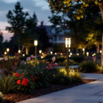 A photograph of a well-lit outdoor scene featuring various styles of light bollards in use