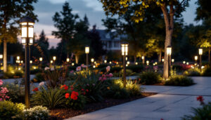 A photograph of a well-lit outdoor scene featuring various styles of light bollards in use
