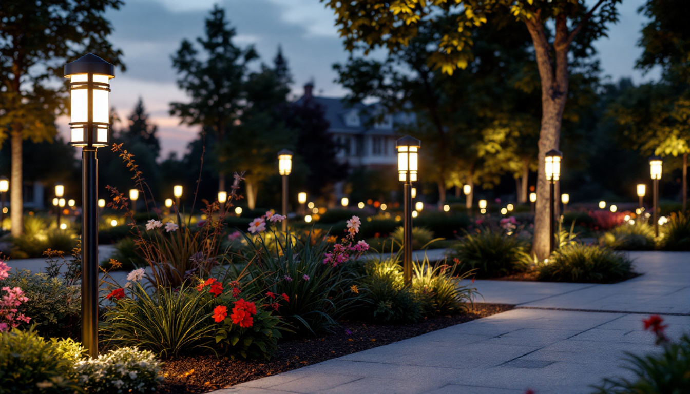 A photograph of a well-lit outdoor scene featuring various styles of light bollards in use