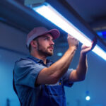 A photograph of a lighting contractor installing a lighted fluorescent tube in a commercial setting