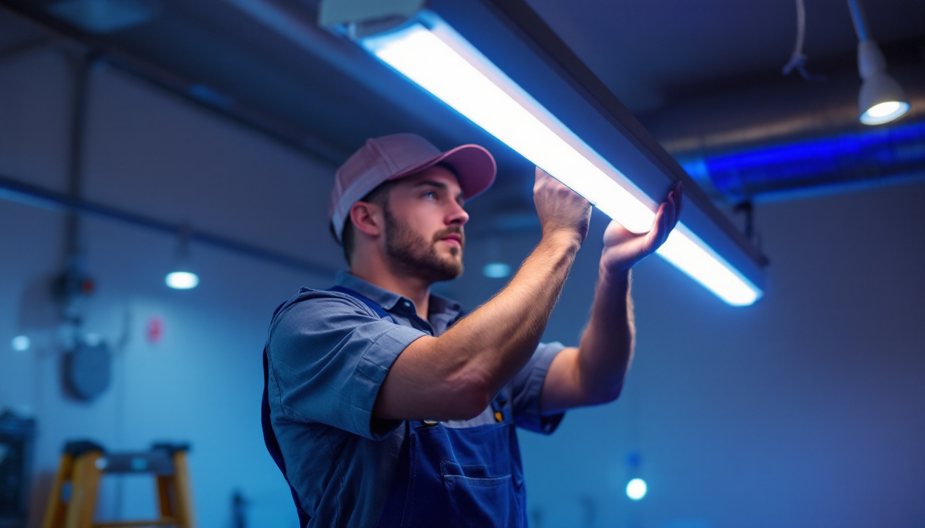 A photograph of a lighting contractor installing a lighted fluorescent tube in a commercial setting
