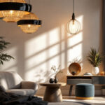 A photograph of a beautifully designed room featuring round hanging lights