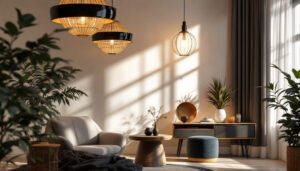 A photograph of a beautifully designed room featuring round hanging lights