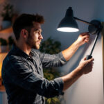 A photograph of a lighting contractor expertly installing or adjusting a sleek
