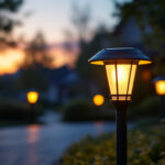 A photograph of a beautifully illuminated solar driveway lamp at dusk