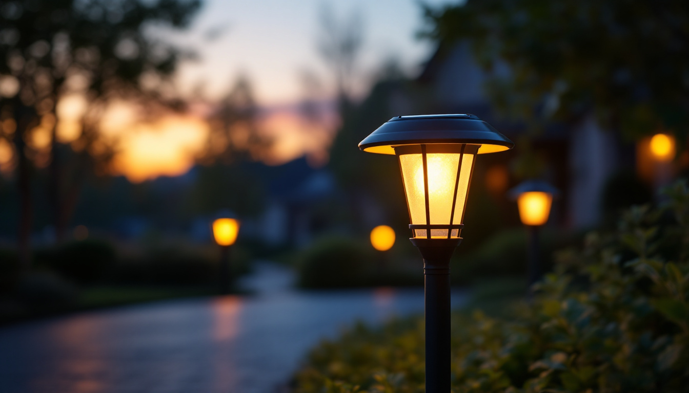 A photograph of a beautifully illuminated solar driveway lamp at dusk