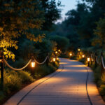 A photograph of a beautifully illuminated solar-powered walkway at dusk