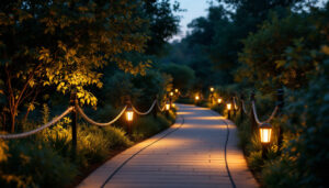 A photograph of a beautifully illuminated solar-powered walkway at dusk