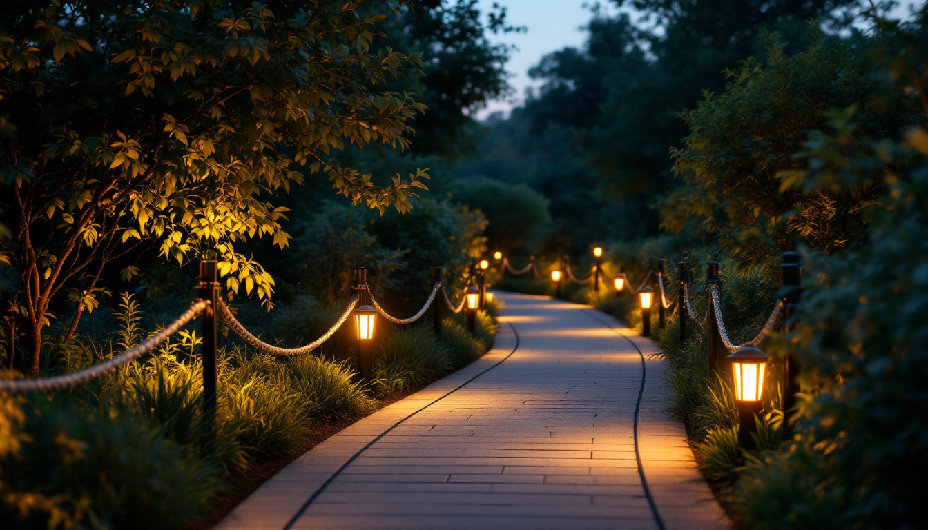 A photograph of a beautifully illuminated solar-powered walkway at dusk