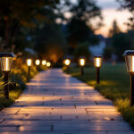 A photograph of a well-lit outdoor pathway featuring stylish solar path lights