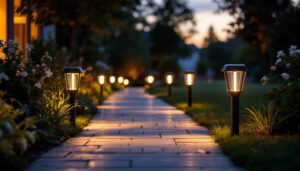 A photograph of a well-lit outdoor pathway featuring stylish solar path lights
