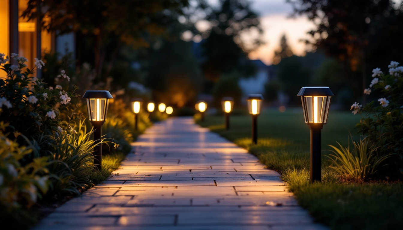 A photograph of a well-lit outdoor pathway featuring stylish solar path lights