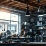 A photograph of a well-lit workshop featuring a ceiling fan in action