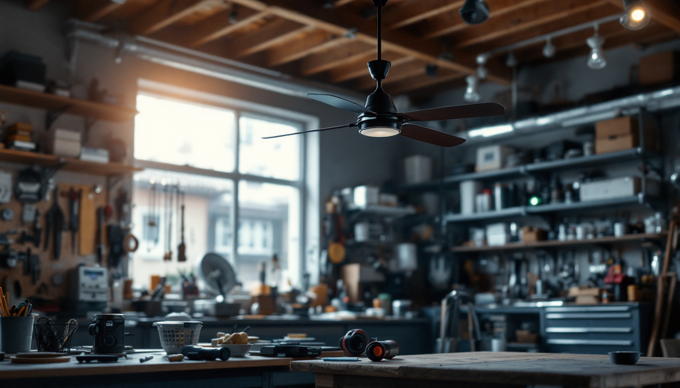 A photograph of a well-lit workshop featuring a ceiling fan in action