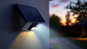 A photograph of a solar-powered flood light with a motion sensor installed in a landscaped outdoor setting at dusk