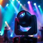 A photograph of a dynamic moving head light in action during a live event