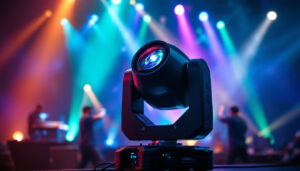 A photograph of a dynamic moving head light in action during a live event