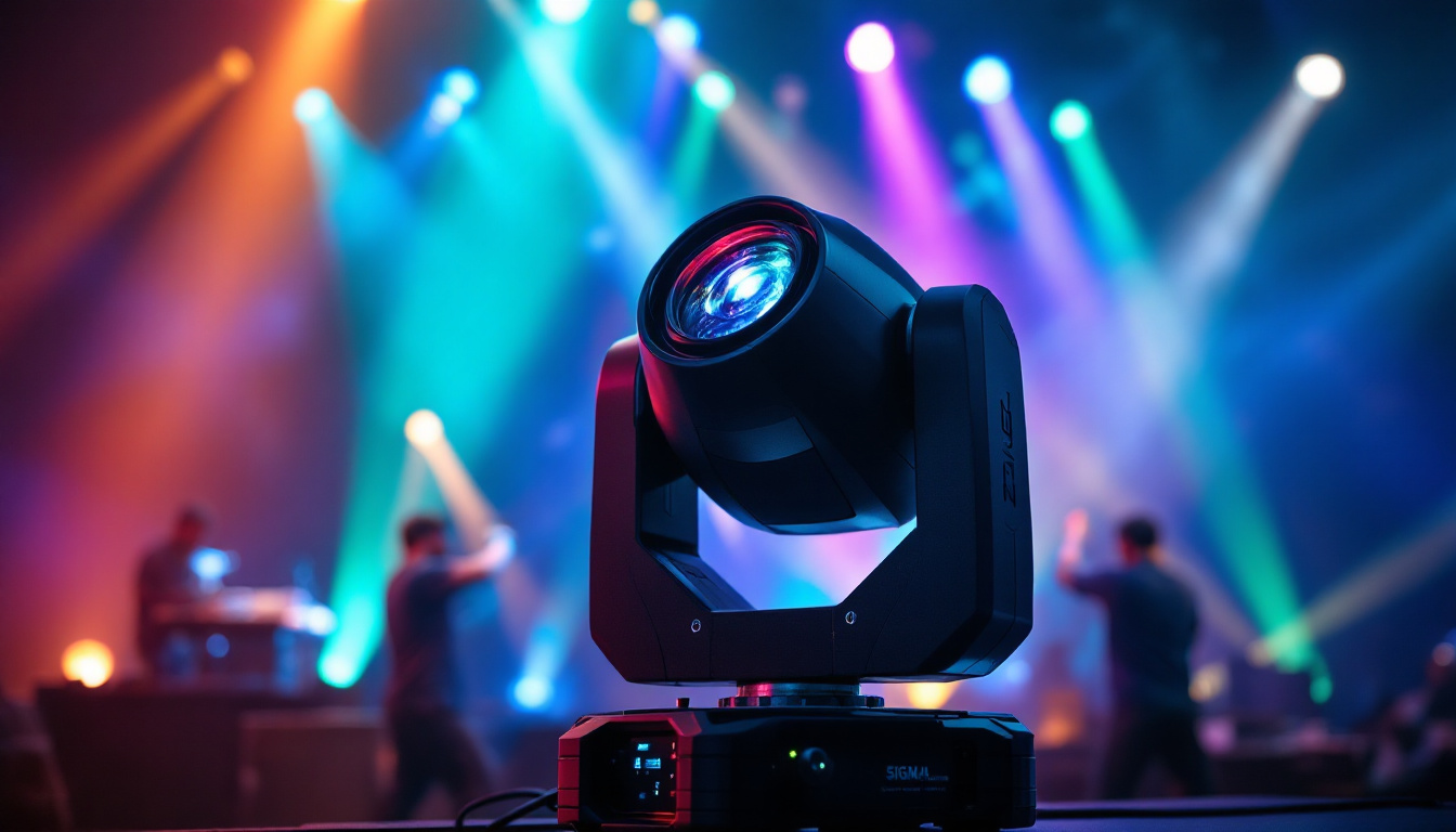A photograph of a dynamic moving head light in action during a live event