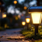 A photograph of a solar panel lamp in a well-lit outdoor setting