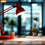 A photograph of a modern office space featuring a red desk lamp