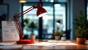 A photograph of a modern office space featuring a red desk lamp