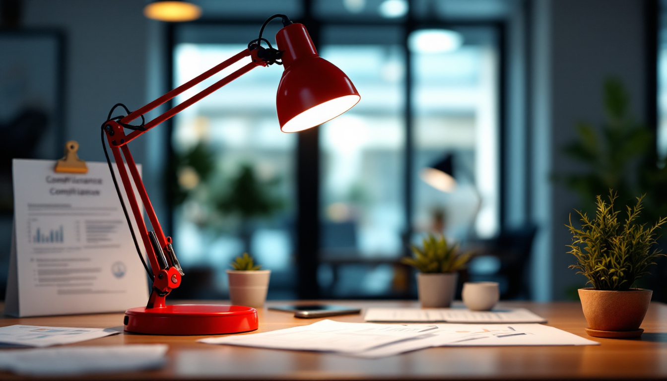 A photograph of a modern office space featuring a red desk lamp