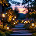 A photograph of a beautifully illuminated outdoor space featuring various solar led lamps in use