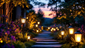 A photograph of a beautifully illuminated outdoor space featuring various solar led lamps in use