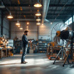 A photograph of a lighting contractor working in a spacious workshop
