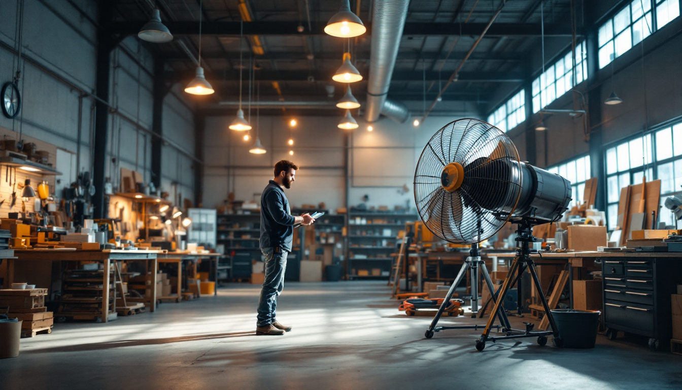 A photograph of a lighting contractor working in a spacious workshop